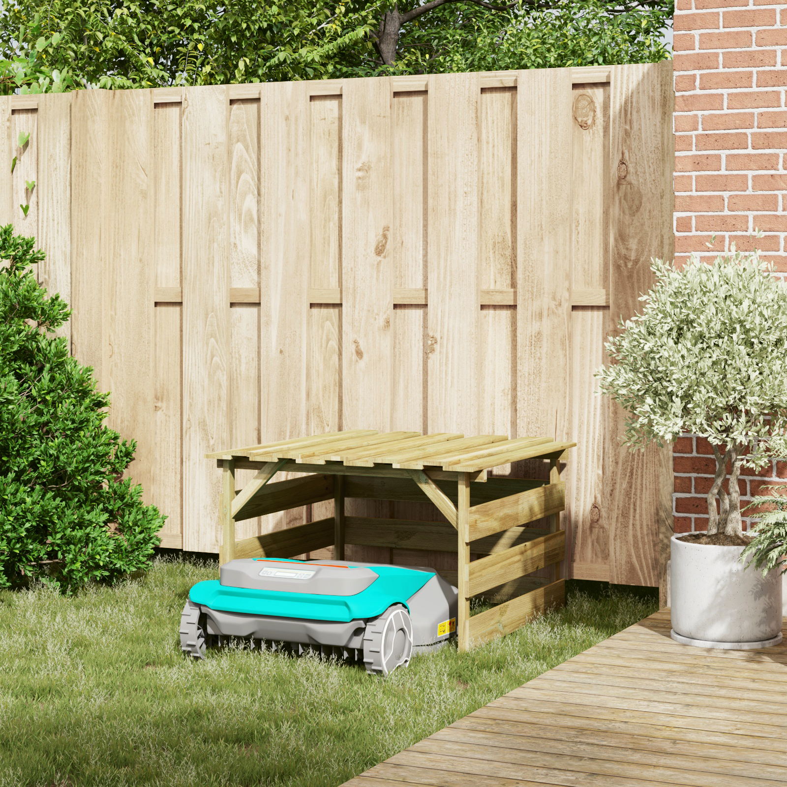 Robotos fűnyíró garázs impregnált fa fenyő
