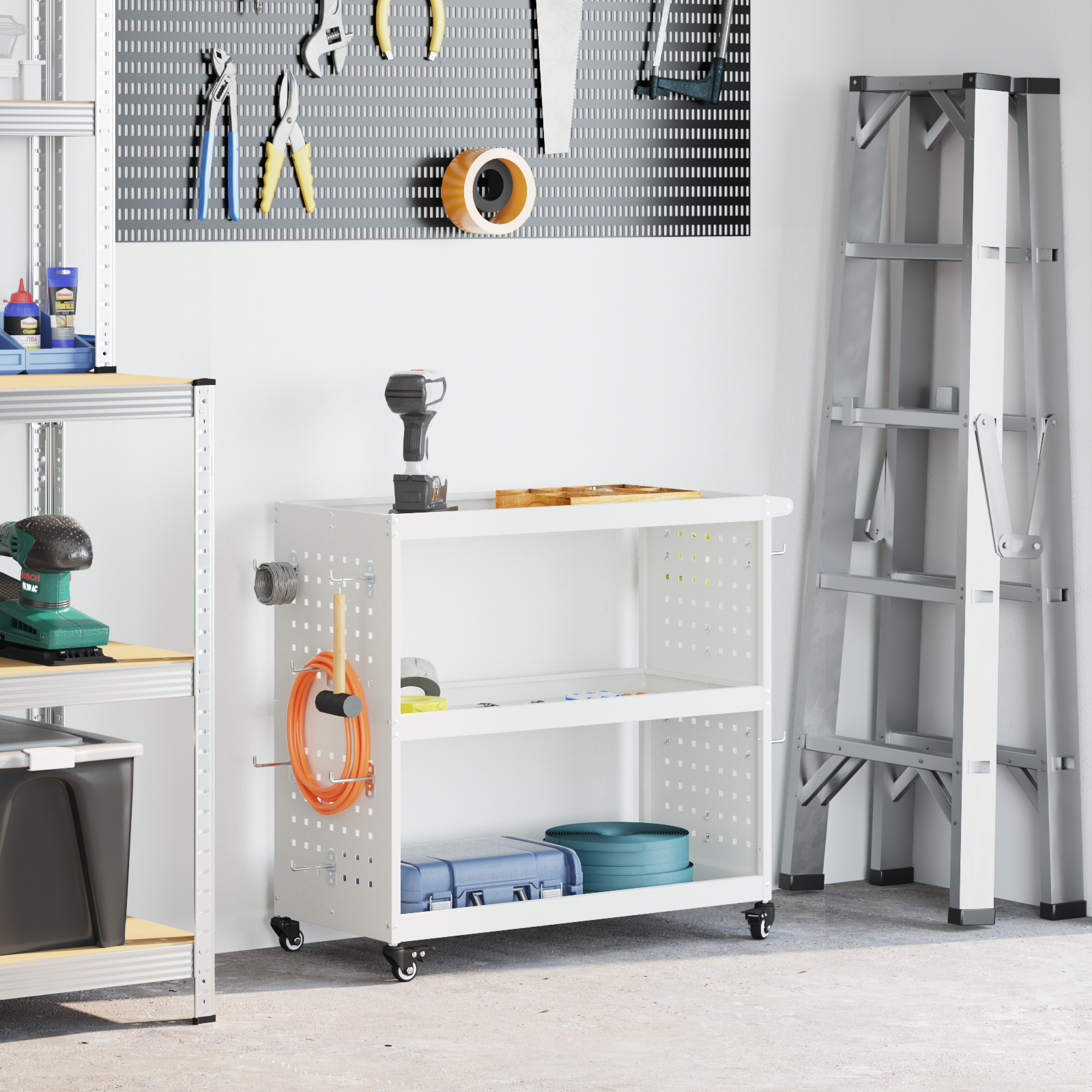 Eszköz kocsi polcokkal kerékkel tárolóval fehér 75 x 35 x 73 cm porszórt acél
