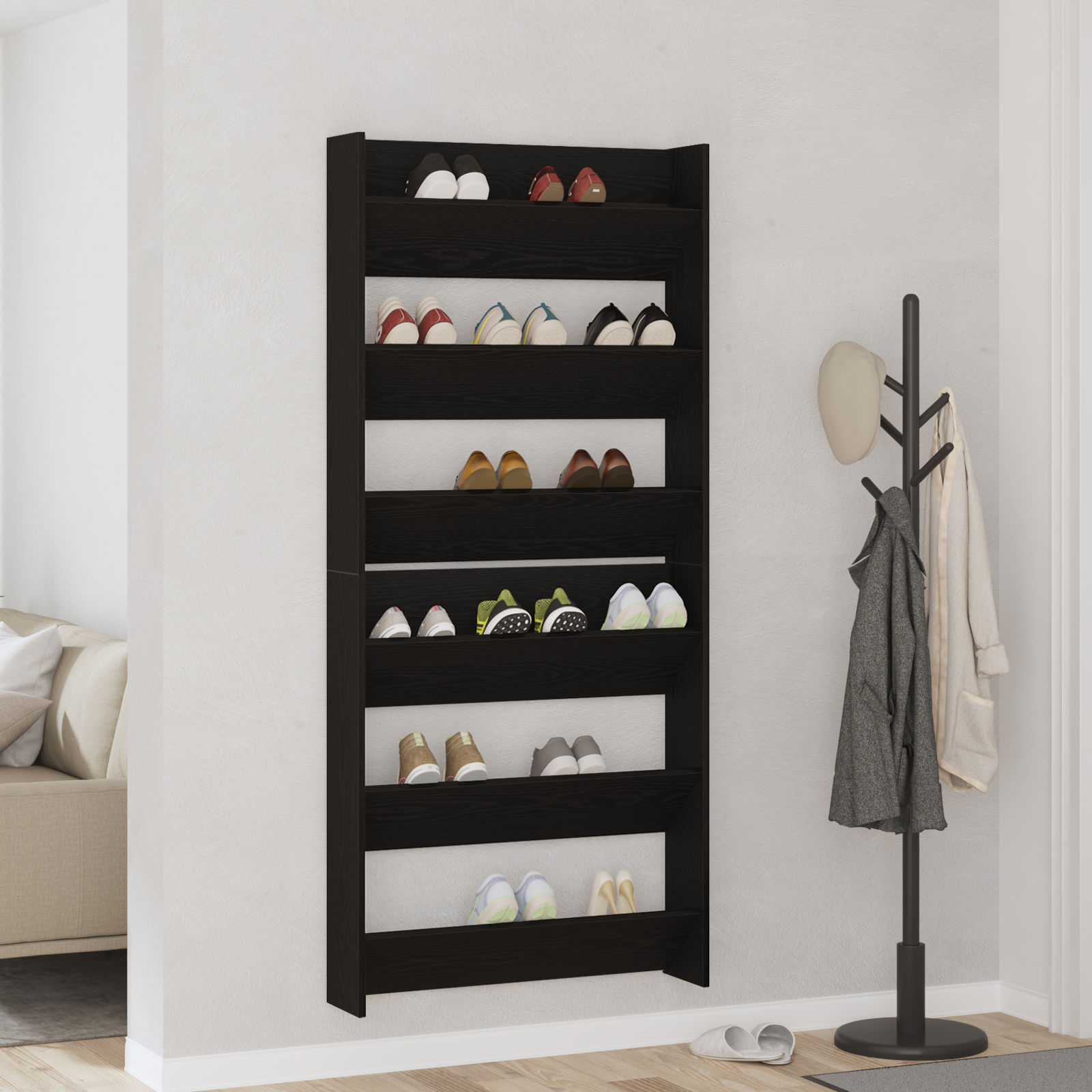 Fekete tölgy fali cipőszekrény - 2 darab, 80x18x90 cm, műanyagból készült Fekete tölgy fali cipőszekrény - 2 darab, 80x18x90 cm, műanyagból készült