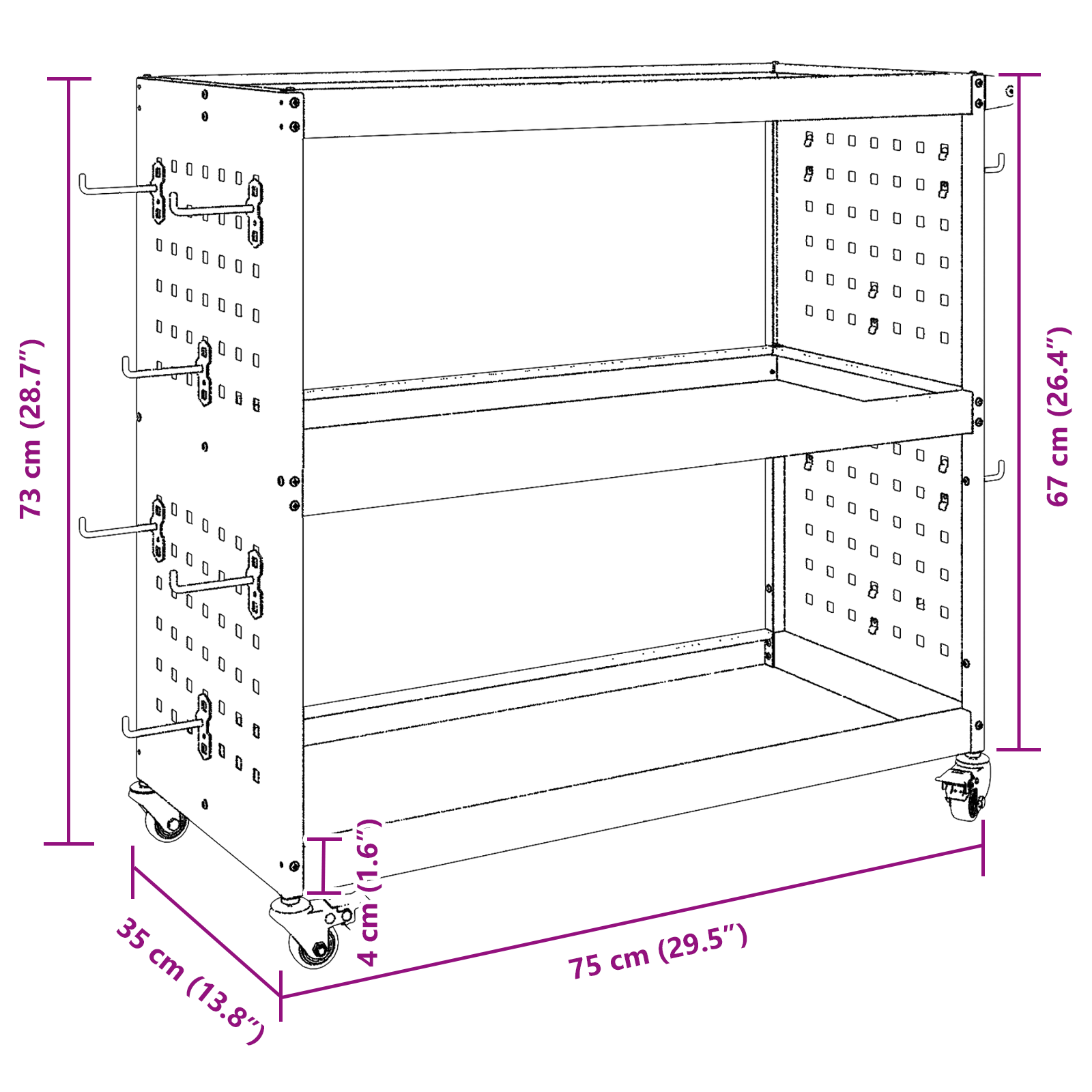 Eszköz kocsi polcokkal kerékkel tárolóval fehér 75 x 35 x 73 cm porszórt acél