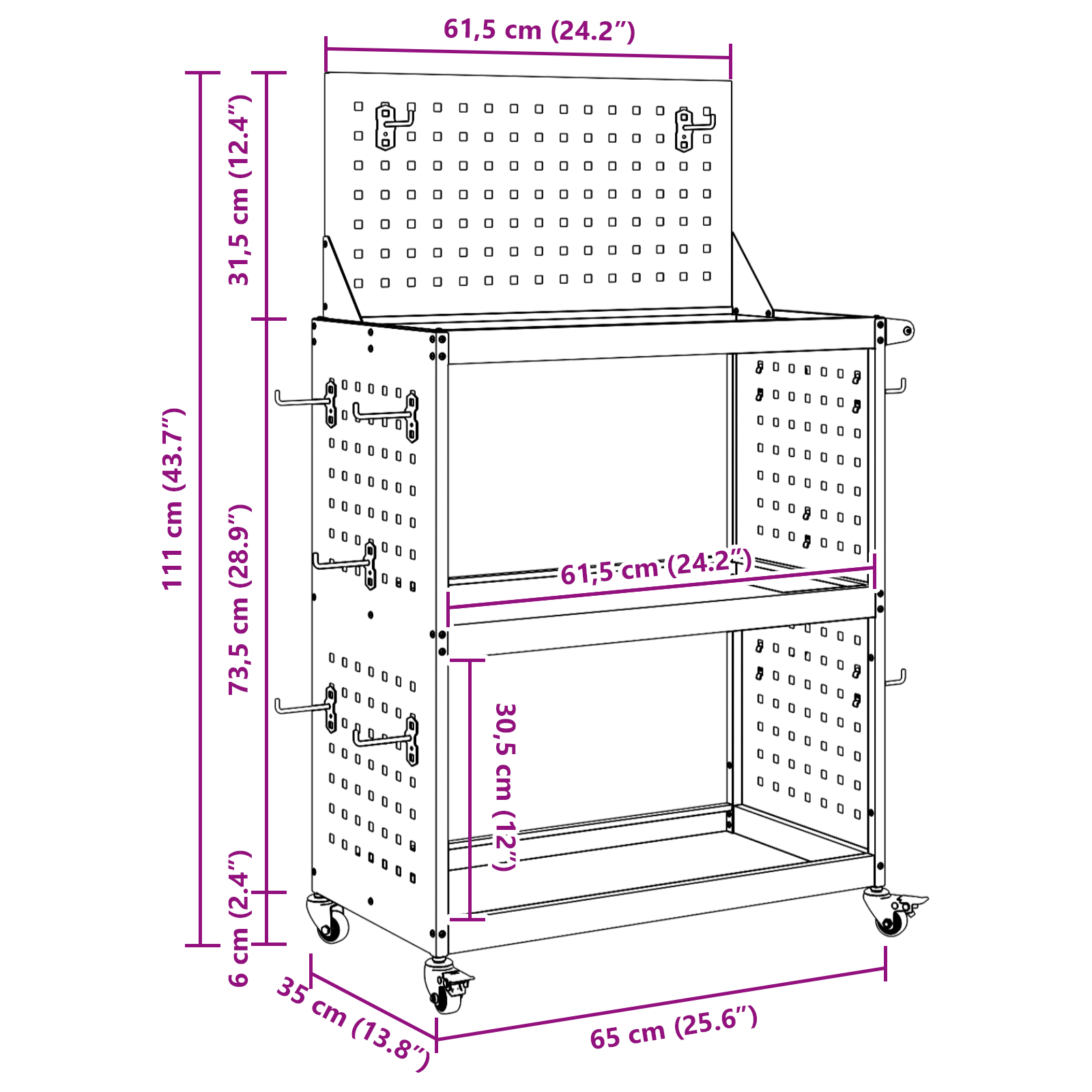 Eszköz kocsi polcokkal kerékkel tárolóval antracit 65 x 35 x 111 cm porszórt acél