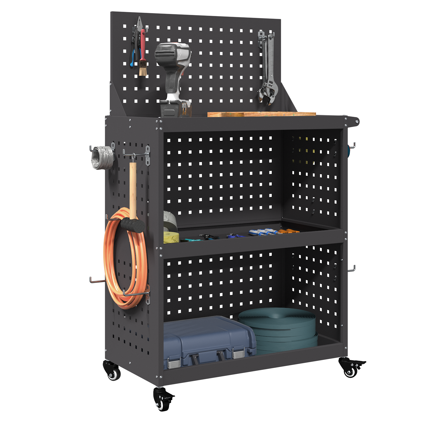 Eszköz kocsi polcokkal kerékkel tárolóval fekete 65 x 35 x 111 cm porszórt acél